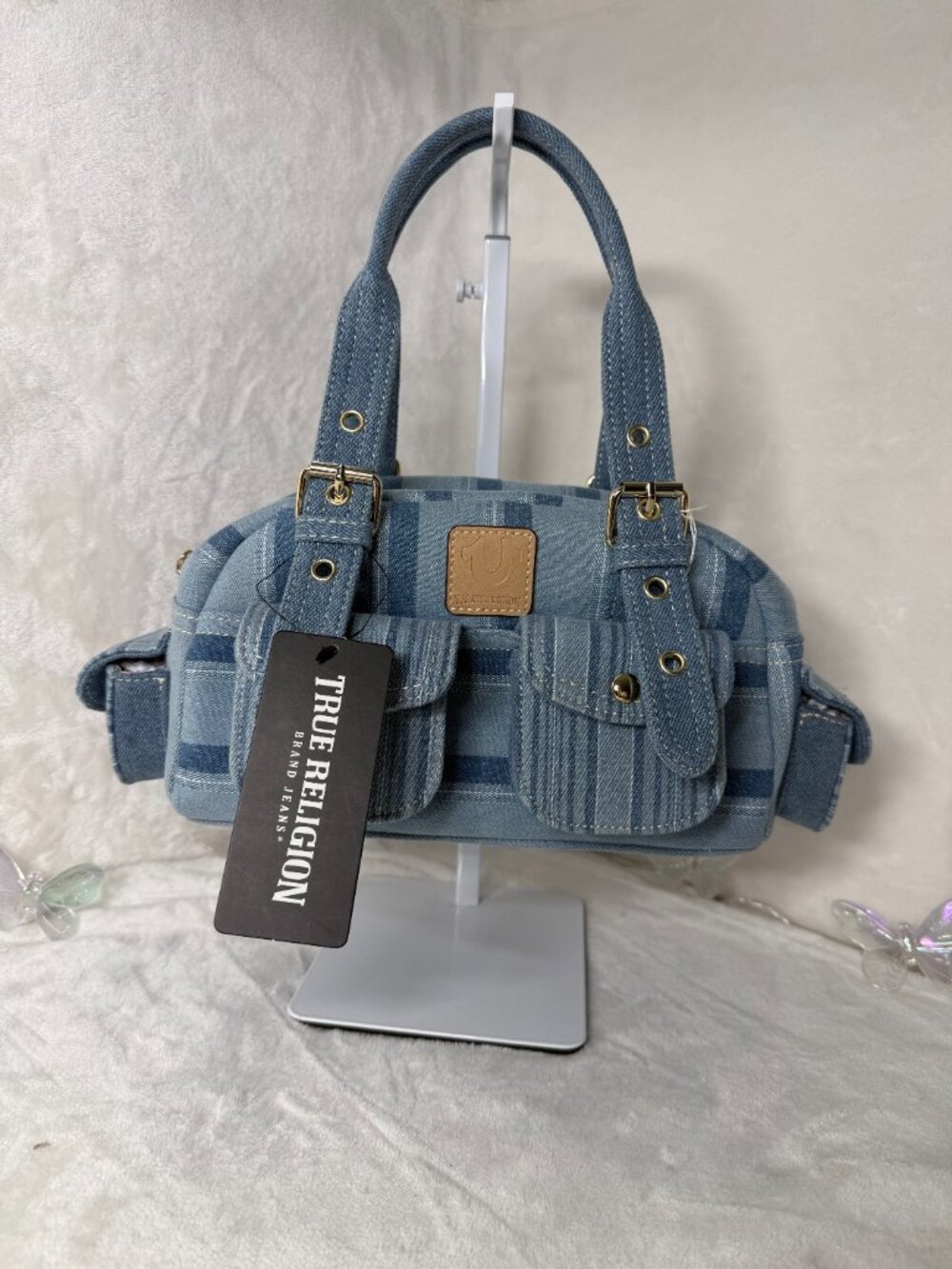 True Religion Denim Shoulder Bag NWT with Handmade Pepa by Murr Bagcharm - Picture 2 of 9